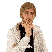 a man wearing a beanie and a white jacket with the word modh on the bottom