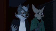 a wolf and a fox are standing next to each other in the dark