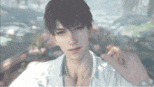 a close up of a man wearing a white shirt and a necklace with flowers in the background .