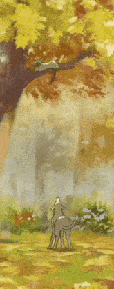 a painting of a dog in a forest with a tree in the background