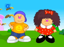 a boy and a girl are standing next to each other in a cartoon scene