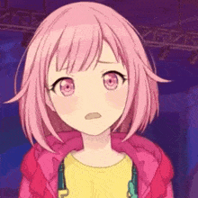 a close up of a pink haired anime girl with a yellow shirt and a pink jacket .
