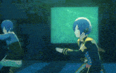 two anime characters are standing next to each other in front of a screen that says 4 on it