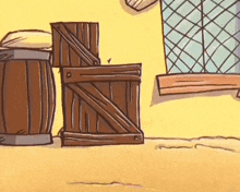 a cartoon drawing of a barrel , crate , and window .
