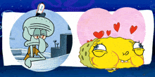 a cartoon of squidward and spongebob in a heart