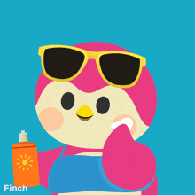 a pink bird wearing sunglasses is holding a bottle of sunscreen with the words golden not burnt above it