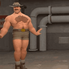 a shirtless man in shorts and a hat is standing in a room with his arms outstretched .