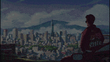 a man in a red jacket with the word elite on the back looks out over a city