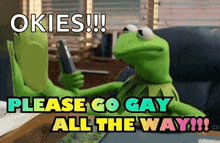 kermit the frog is sitting at a desk holding a cell phone and says `` please go gay all the way '' .