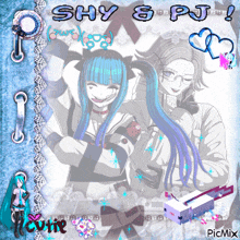 a picture of two anime characters with the words shy & pj written above them
