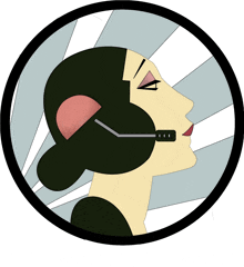 a drawing of a woman wearing a headset with the letter v on her forehead