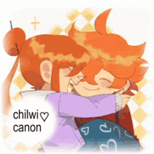 a cartoon of a boy and girl hugging with the words chilwi canon in the corner