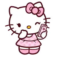 a drawing of hello kitty holding a cell phone with a heart on it