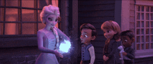 a group of cartoon characters are standing in front of a house