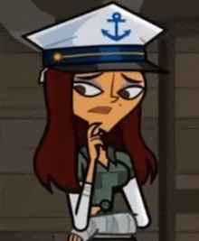 a cartoon girl wearing a hat with an anchor on it .