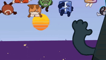 a group of cartoon characters are flying in the air and one has a facebook logo on it