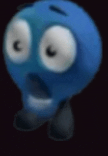 a blue cartoon character with big white eyes and a surprised face .