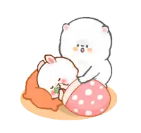 a cartoon of a rabbit laying on a bed with a bear standing next to it