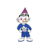 a toronto maple leafs mascot with a party hat on