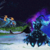 a video game character is being attacked by a purple and blue monster