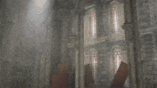 a video game character is standing in front of a brick building with a stained glass window