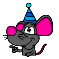 a cartoon mouse wearing a party hat is pointing at something