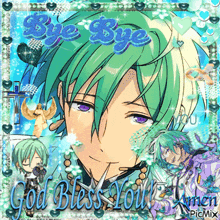 a picture of a boy with green hair and purple eyes that says bye bye god bless you