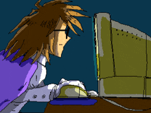 a pixel art drawing of a person looking at a computer screen