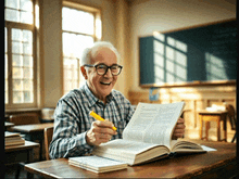 an elderly man is reading a book in a classroom