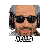 a man wearing sunglasses and a wig has the word hello above him