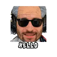 a man wearing sunglasses and a wig has the word hello above him