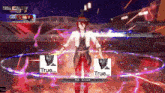 a video game screen shows a man holding a sword and a man holding a sword with the words true on the bottom