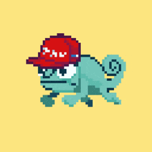 a pixel art drawing of a chameleon wearing a red hat with the letter m on it