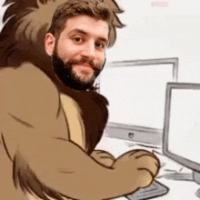 a man with a beard is being hugged by a lion in front of a computer .