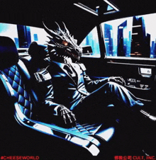 a dragon in a suit sits in a car