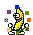a pixel art drawing of a banana holding a cup of coffee .