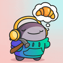 a cartoon character is wearing headphones and holding a hammer and a croissant in a thought bubble