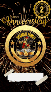 a happy 2nd anniversary sign with fireworks behind it
