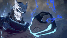a cartoon character with a skull on his head is holding a blue object .
