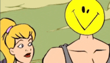 a cartoon of a woman with a smiley face on her head .