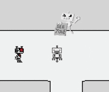 a pixel art drawing of a robot holding a sign that says " see you "