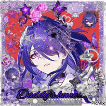 a picture of a girl with purple hair and the words daddy 's home on it