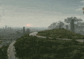 an aerial view of a city from a hill with a nuclear explosion in the distance