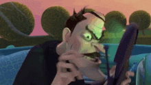 a cartoon man is looking at himself in a mirror .