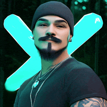a man with a beard and mustache wearing a black shirt and a black beanie