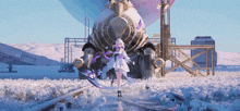 a woman in a white dress is standing in front of a large mechanical device