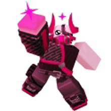 a cartoon character with horns is holding a pink cube in his hands .