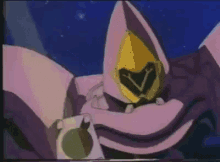 a close up of a cartoon character with a yellow hood