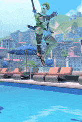 a cartoon character is jumping into a pool