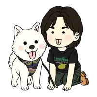 a cartoon drawing of a man and a dog wearing a lime tree shirt